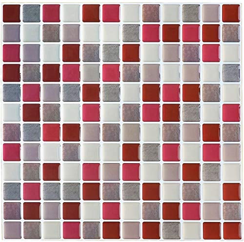 Yoillione Mattonelle Mosaico Piastrelle Cucina, Rosso Autoadesivo Mosaico Adesivo 3d Mattonelle Adesive Bagno Piastrelle Adesive da Parete, Impermeabile Vinile Paraschizzi Cucina 4 Pezz