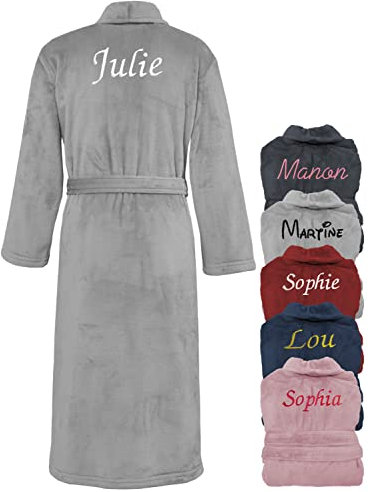 KDO MAGIC Peignoir femme personnalisé - Robe de chambre personnalisable - Prénom brodé - Cadeau Maman Noël, Saint-Valentin, anniversaire, fête des mères (M, Gris)