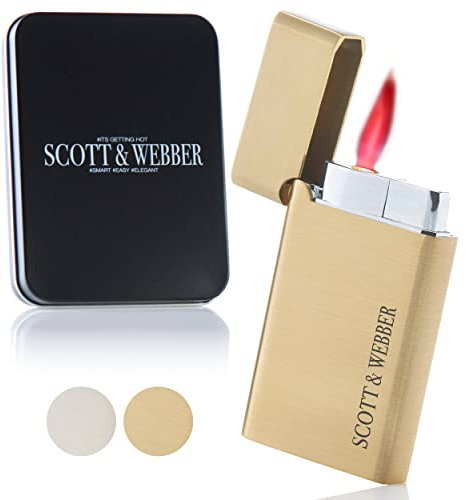 Scott & Webber® - Sturmfeuerzeug mit Jetflamme - Nachfüllbares Feuerzeug aus Metall einstellbar bis 1300°C - Inkl. edler Metallbox (Gold Square)