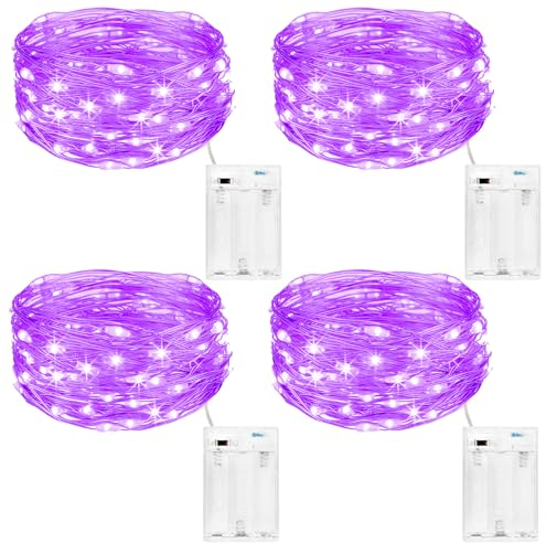 kolpop LED Lichterkette Batterie [4 Pack], Lichterketten für Zimmer, 5m 50er Micro LED Lichterkette Draht Innen Batteriebetrieben für Party Weihnachten Weihnachtsbaum Halloween Hochzeit Deko(Lila)