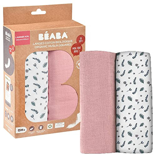 BÉABA, 2er-Set Baby-Pucktücher, Musselin aus Bio-Baumwolle, Multifunktional: Wickeldecke, Lätzchen, Nomadendecke, Kuscheldecke, ultraweich, atmungsaktiv, 120 cm, Altrosa/Blumenfeld