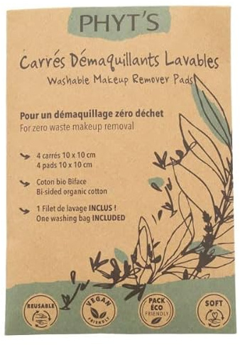 Phyt's - Quadratische Make-up-Entferner, Baumwolle, waschbar, wiederverwendbar, Bio, 4 Stück
