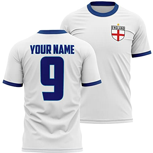 Personalised England Football Shirt Adults 2025, Your Custom Name and Number Printed England Tshirt Top, New Updated 2025 kit, Retro Gifts for English Fans, S, White/Navy