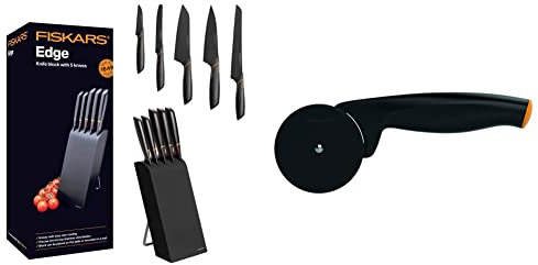 Fiskars Design-Messerblock mit 5 Messern, Breite: 15,5 cm, Höhe: 37 cm, Birkenholz, Schwarz, Edge, 1003099 & Pizzaschneider mit hochwertigem Kunststoff-Schneidrad, 19 cm, F Schwarz/Orange, 1019533