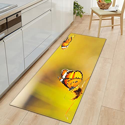 TFLABS Küchenläufer Gelb & Schmetterlinge Teppich Läufer Wasserdicht rutschfest, Teppich Läufer Küchenmatte für Küche Flur Wohnzimmer Schlafzimmer Badezimmer 60 x 180cm