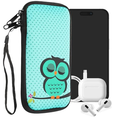 kwmobile Handytasche für Smartphones XXL - 7 - Neopren Handy Tasche Hülle Cover Case Schutzhülle - Eule Schlaf Türkis Braun Mintgrün - 17,7 x 8,5 cm Innenmaße