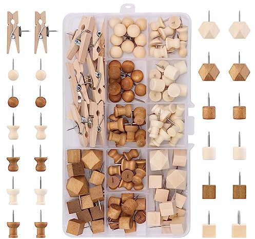 Wood Push Pins, 114 Pcs Decorative Thumb Tacks Wooden Head Pin Wood Map Tacks Marking Pin(2 Colors and 7 Types), Thumb Tack Decorative for Bulletin Boards Craft Projects with Storage Box