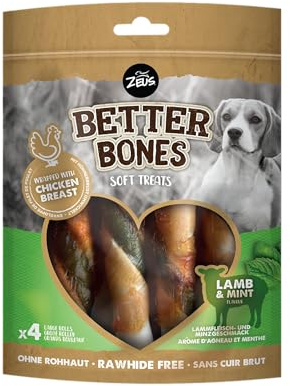 Zeus & Zoë Better Bones Hundekausnack, große weiche Kaurollen mit Lamm & Minze, mit Hähnchenfleisch umwickelt, rohhautfrei, Soft Snack, Kaustange für alle Lebensphasen, 12,5 cm, 4 Stück