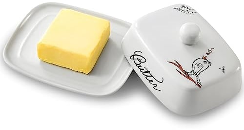 Beurrier avec poignée pour 250g de beurre, Céramique de haute qualité, Blanc avec motif d'oiseau chanteur, Porcelaine, Beurrier classique Cloche à beurre Récipient à beurre, Lavable au lave-vaisselle