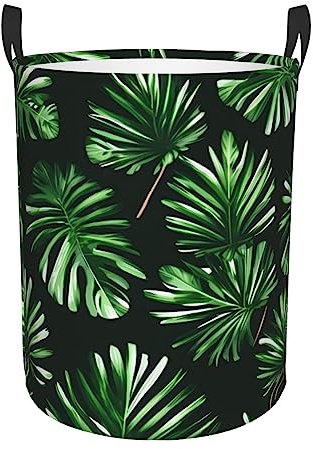 Grand panier à linge rond en tissu Oxford avec feuilles de palmier et plantes tropicales vertes