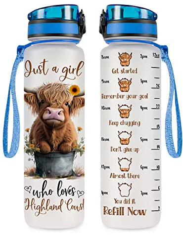 Trinkflasche, Motiv: Hochlandkuh, Tritan-Kunststoff, 900 ml, Trinkglas mit Aufschrift A Girl Who Loves Cow, Geburtstagsgeschenk für Kuh-Liebhaber