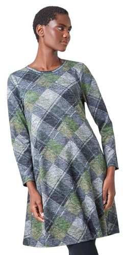 Roman Originals Tunic Dress with Pockets for Women UK Ladies Swing Fit & Flare Skater Slouch Stretchy Casual Smart Winter Jersey Pull On Work Office 3/4 Long Sleeves - Green - Size 10