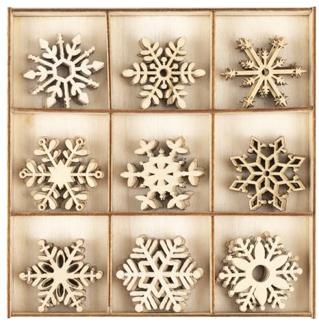 Ideen mit Herz Streu-Deko aus Holz | Schneeflocken | Eiskristalle | Holz-Motive Weihnachten | Winter-Deko | Tisch-Deko | Inklusive Holz-Box | 9 versch. Designs, je 5 Stück | 45-teilig