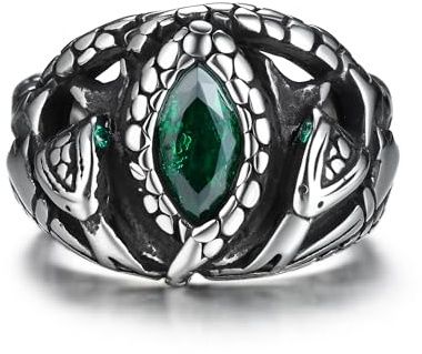 GTHIC Edelstahl-Schlangenring, gotischer grüner Zirkon, Schlangentier-Schmuck für Männer und Frauen, Größe 8