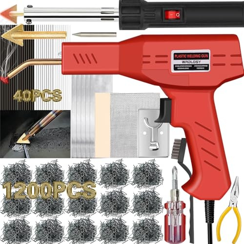 Wrdlosy 220W Plastic Welder, 1200PCS Staples 40PCS Rods Plastic Welding Kit, 5 in 1 Welding Tips Tape Sandpaper Wire Mesh Stand Metal Brush Screwdriver Plastic Welder Kit Bumper Repair Kit (Red)