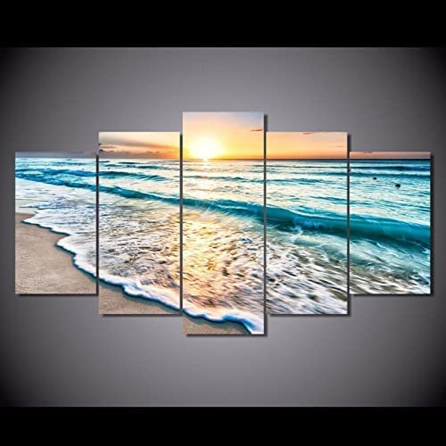 Tableau Multi Panneau 5 Parties Decoration Murale Plage Vagues Coucher De Soleil Imprimé Sur Toile 5 Pièces Hd Peinture Affiche Mur Art Moderne Motif Peinture (M/Avec Cadre 100 X 50 Cm) Af -3B5A/H5V