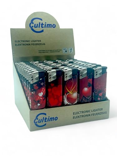 Cultimo 50 Stück Elektronik Feuerzeuge mit Motive, Nachfüllbar & Kindergesichert | Feuerzeug Lighter elektronische, Gas befüllt (Love)