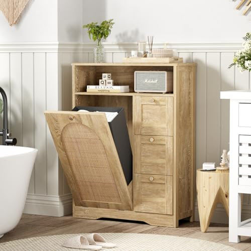 Natural Rattan Storage Cabinet with 3 Drawers, Tilt Out Trash Can Cabinet for 10 Gallon Trash Can for Laundry Hamper, Accent Furniture, Dual Dog Proof Garbage Can Cabinet for Living Room, Barthroom