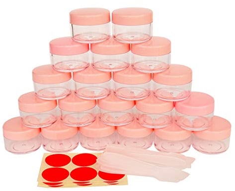 Wopanxye 20pcs 15ml Small Jars, 15 Gram Cosmetic Sample Empty Container, Plastic Round Pot Pink Screw Cap Lid, Tiny 15g Bottle for Makeup Eyeshadow Nails Powder Jewelry Beads Lip Balm, 20 Spatulas
