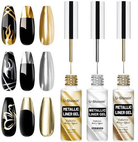 U-Shinein 3x12ml Metallic Painting Nail Gel Liner, 3D Mirror Chrome Effect Nail Art Paint, Metal Liner Gel Set with Build in Thin Brush, UV Nail Liner Gel DIY Nail Art Manicure, Set B