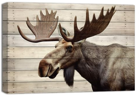 ZQQART Vintage Elch Leinwand Wandbild Brauner Elchkopf Porträt Bilder Wildlife Malerei Drucke Tier Holz Hintergrund Artwork Dekor Rahmen(30x45cm)