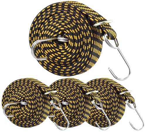 Lot de 4 tendeurs élastiques réglables avec crochets, 2 m - Résistants - Longs et plats - Pour vélos, camping, location, bagages - Jaune