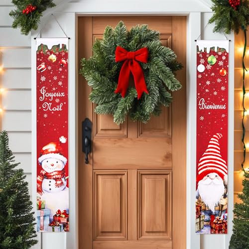 GWHOLE Bannière Noël 2Pcs Banniere Noel Exterieur Banniere de Porte en Français Banderole Noel Decoration Noel Exterieur Bannière Accrochée à la Porte pour Noël