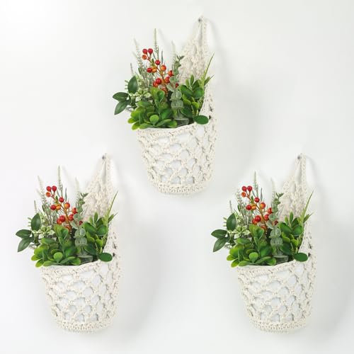 Makramee Blumenampel, 3er Set Boho Deko Hängekörbe, Wandvasen & Hängeblumentöpfe, für drinnen & draußen, Garten, Balkon, Fenster, Wohnzimmer - Beige