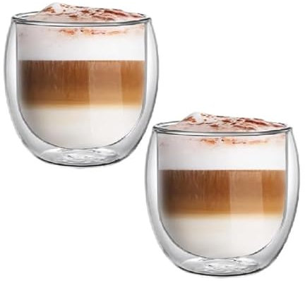 Almineez Set of 2 Double Walled Glass Coffee Mugs (250ml), Thermal Insulated Borosilicate Glass Cups for Tea, Coffee, Latte, Cappuccino, Hot and Cold Drinks Beverages