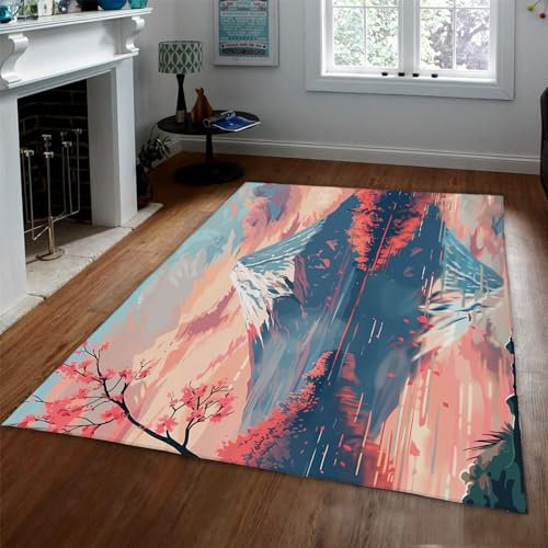 UERWOWELL Japanischer Stil Cartoon Teppiche Mount Fuji View Fußmatten für Haus Mountain Flora Maschinenwaschbarer Teppich für den Kücheneingang 120x180cm