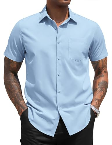 COOFANDY Mens Dress Shirts Short Sleeve Casual Business Shirt Non Iron Stretch Summer Formal Regular Fit Work Shirt Plain Button Down Shirts with Chest Pocket Light Blue XL