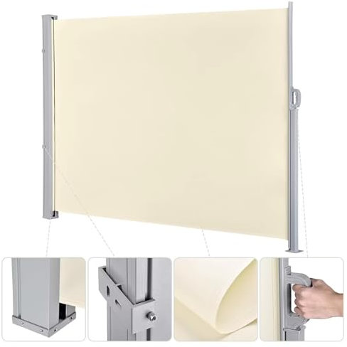 Seitenmarkise aus Aluminium, einziehbar, Sichtschutz, Windschutzscheibe für Balkon, Terrasse und Garten, Sichtschutz, 160 x 450 cm, Beige