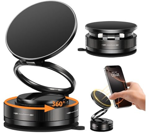 360° Drehbarer Magnet-Handyhalter Auto & Zuhause, Premium Doppelring-Design mit Vakuumhaftung , Universell für iPhone 16/15/14/13/12 Pro Max & Samsung/Google, für Metall, Glas, Wand, Spiegel, Schwarz