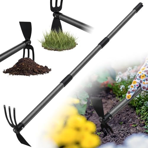 Garden Hoe with 3-Tine Cultivator Rake, 2-In-1 Carbon Steel Sharp Weeding Tool with 60 Long Handle For Weed Removal, Soil Loosening, Planting,Cultivating In Raised Flower Beds,Vegetable Gardens