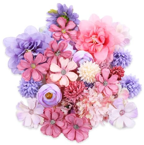 30 Stück Kunstblumen Köpfe Blumenköpfe Deko Köpfe, Klein Blüten Künstlich Blütenköpfe, Künstliche Blumen Mini Seidenblumen for Home Decor DIY Brautstrauß Deko Scrapbooking-Lila