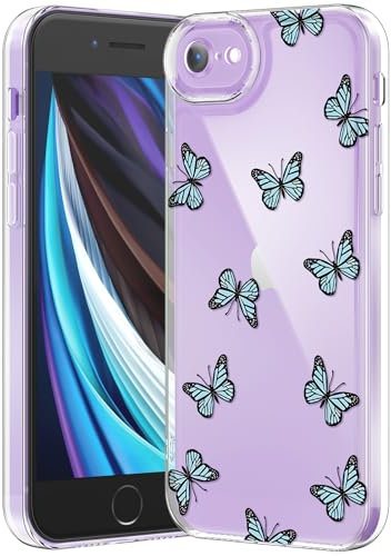 CASBST Compatible with iPhone SE/8/7 Case, Clear Case with Cute Butterfly Pattern Design for Girls Women, Slim Soft TPU Shockproof Protective Aesthetic Phone Cover for iPhone SE/8/7 (Blue Butterfly)