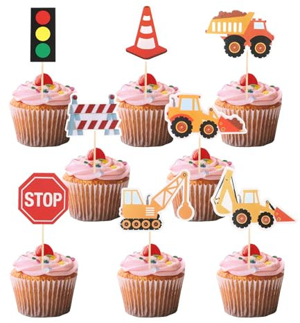 Bagger Cupcake Topper, 32 Stück Straßenschild Baufahrzeug Cupcake Topper, LKW Auto Kuchen Dekorieren, Bagger Geburtstag Deko, Hochzeit Geburtstag Event, Party, Muffin，Kuchen Topper