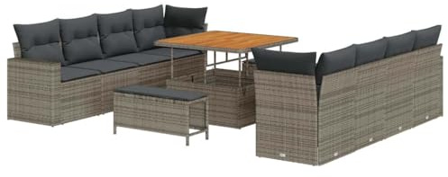 vidaXL 11-teiliges Garten-Sofaset mit Kissen in Grau, aus Poly Rattan und Akazie. Langlebiges Möbel für den Außenbereich, perfekt für einen stilvollen, modernen Look auf deiner Terrasse.