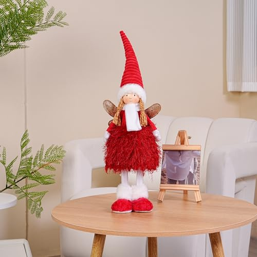 Dedrian11 Weihnachtsengel Figur 54 cm – stehende Dekofigur, biegsam (Draht in Hut & Armen), beschwerter Stand, Weihnachtsdeko für Tisch Kamin Regal Fensterbank