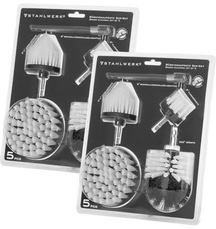 STAHLWERK Bürsten-Aufsatz 10er Set für Akkuschrauber und Bohrmaschinen, Reinigungs-, Polier- und Detailing-Bürsten mit Standard-Bit-Aufnahme inklusive Verlängerungs-Adapter