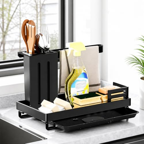 Spülbecken-Organizer aus Stahl mit abnehmbarer Abtropfschale, Schwarz | Halter für Spülmittel, Schwamm, Spültuch und Bürsten; freistehend für Küche und Arbeitsplatte, 25 × 15 × 16,5 cm