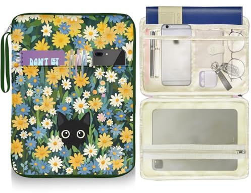 bolimoss Schwarze Katze, Buchhülle, Blume, Gänseblümchen, Buchschutz mit Riemen, Reißverschluss und extra Ärmeltasche, Leder, wasserdicht, Buchtasche für Taschenbuch, Hardcover, Liebhaber, Geschenke