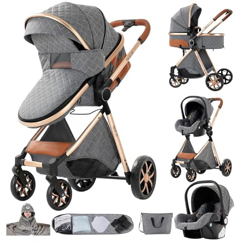Aveainelle Kinderwagen 3 in 1, Babywagen, Baby Stroller | Einklappbar per Knopfdruck, verstellbarer Sitz, in beide Richtungen schiebbar, Fünfpunktgurt, von Neugeborenen bis 4 Jahre