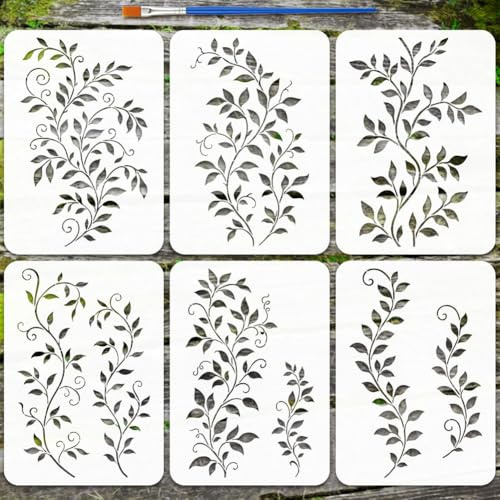 FINGERINSPIRE 6Pcs Pochoirs Vigne Avec Pinceau 21x29.7cm Pochoir Lierre Vignes Pochoirs Feuilles de Vigne Pochoir Vignes en Plastique Pet Épaissi pour Peinture sur Bois Mur Meuble DIY Décor Maison