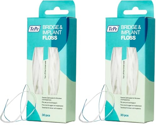 TePe Filo per Ponti e Impianti, filo interdentale pfas-free, 30 pezzi, filo interdentale largo adatto per apparecchi ortodontici, ponti e impianti, filo efficace per rimozione della placca tra i denti