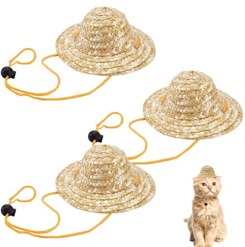 AHANDMAKER 3 Packung Mini Sombrero Hüte Natürlicher Verstellbarer Katzenhut Aus Stroh Strandhut Für Kleine Hunde Haustierkostüm Flippige Party Und Festival Dekoration Im Freien 5.28x2.24in