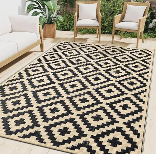 smiry Waschbar Balcon Outdoor Teppich Wetterfest 240x300cm, Schwarz & Beige