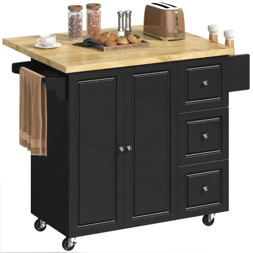 HOMCOM Kitchen Island on Wheels with Drop Leaf, Rubber Wood Top, Black