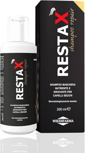 Restax Shampoo Repair per capelli sfibrati e danneggiati. Con Acido ialuronico, Burro di Karitè e Olio di Argan. Maschera ristrutturante e idratante, ripara anche danni da tinte e alopecia. BIO 100%