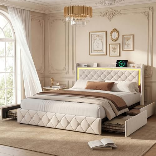 ADWOLT Doppelbett 140x200 cm mit Lattenrost,Jugendbett mit LED-Beleuchtung, Gepolstertes Bett mit 4 Stauraum Schubladen und modernem Kopfteil für Komfort,Ohne Matratze